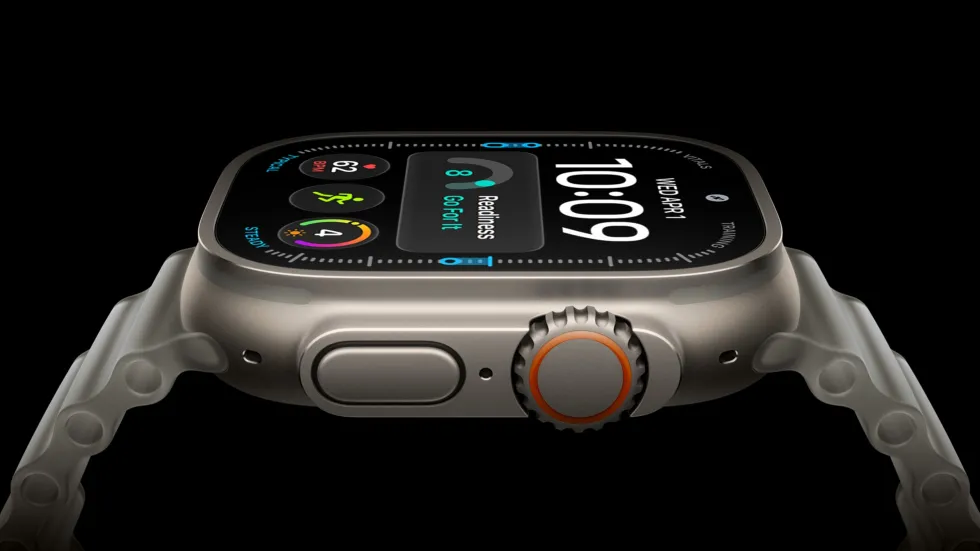 Apple Watch Ultra 4 in natural titanium, seen from the side with its Digital Crown