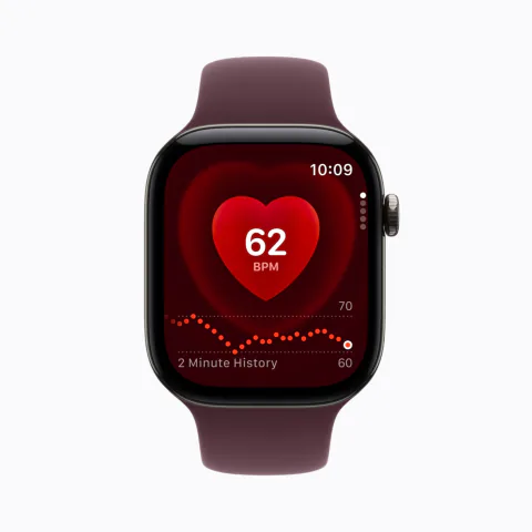 Apple Watch Series 12 showing a heart rate of 62 BPM in the Heart Rate app
